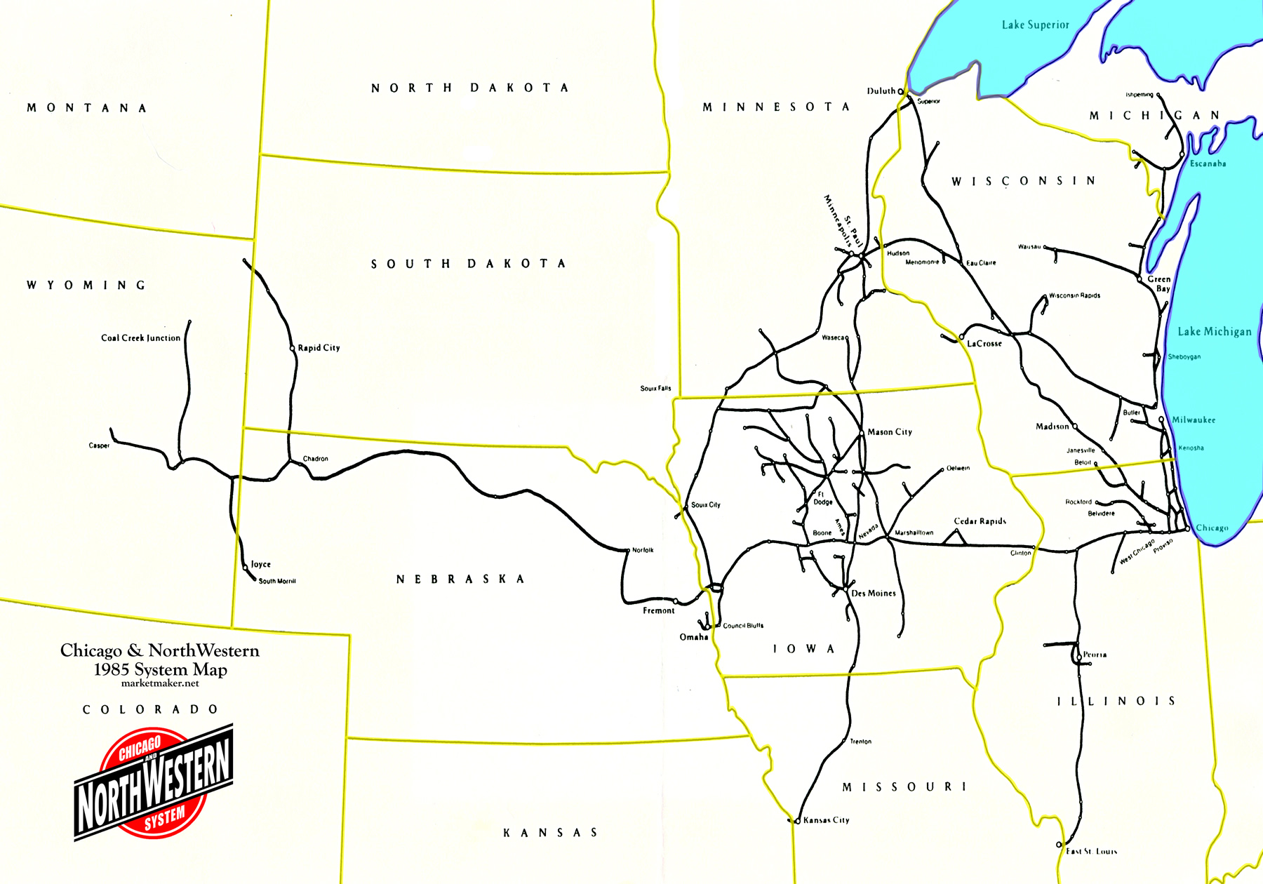 Chicago & NorthWestern 1985 System Map